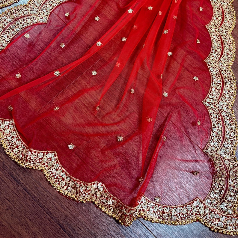 Red Color Net Dupatta with Gold Zari, Sequin and Beads | Red Color Dupatta | Sequin Red Dupatta | Indian Dupatta for Lehangas