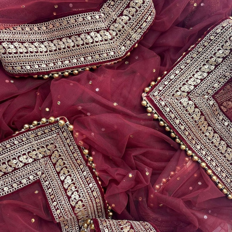 Bridal Queen Maroon Trail Net Stone Embroidered Net Dupatta