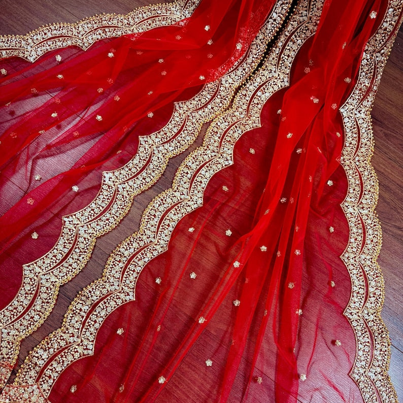 Red Color Net Dupatta with Gold Zari, Sequin and Beads | Red Color Dupatta | Sequin Red Dupatta | Indian Dupatta for Lehangas