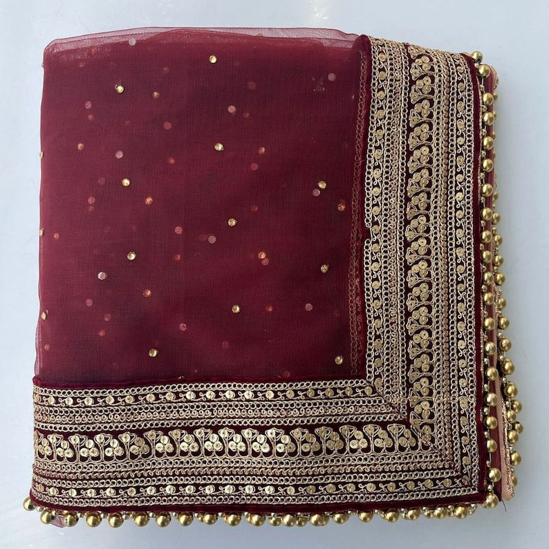 Bridal Queen Maroon Trail Net Stone Embroidered Net Dupatta