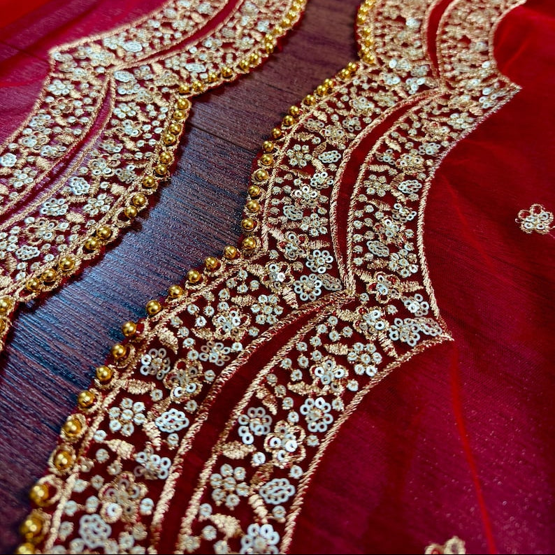 Red Color Net Dupatta with Gold Zari, Sequin and Beads | Red Color Dupatta | Sequin Red Dupatta | Indian Dupatta for Lehangas