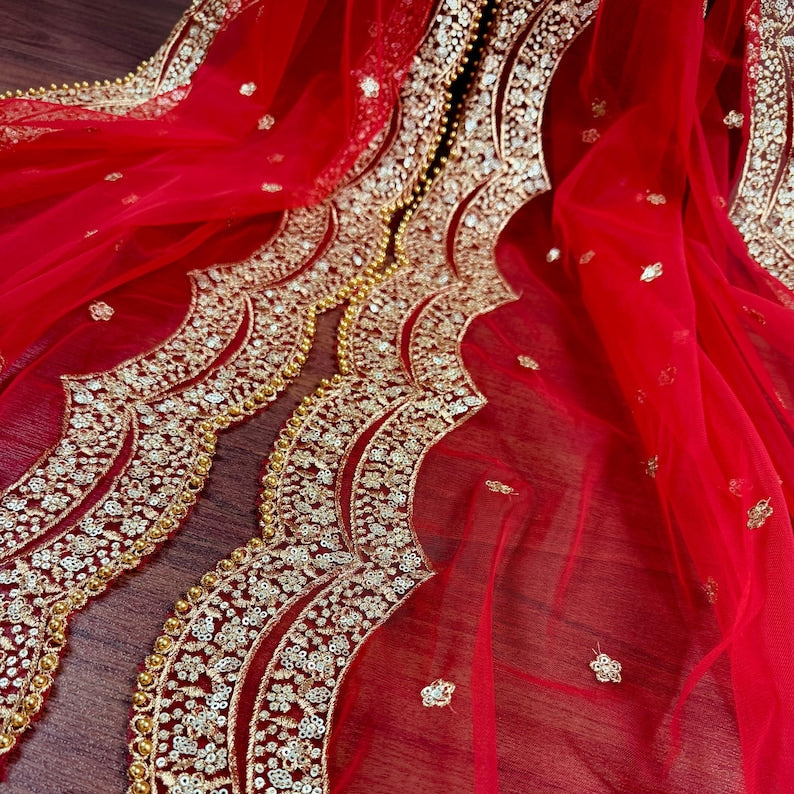 Red Color Net Dupatta with Gold Zari, Sequin and Beads | Red Color Dupatta | Sequin Red Dupatta | Indian Dupatta for Lehangas