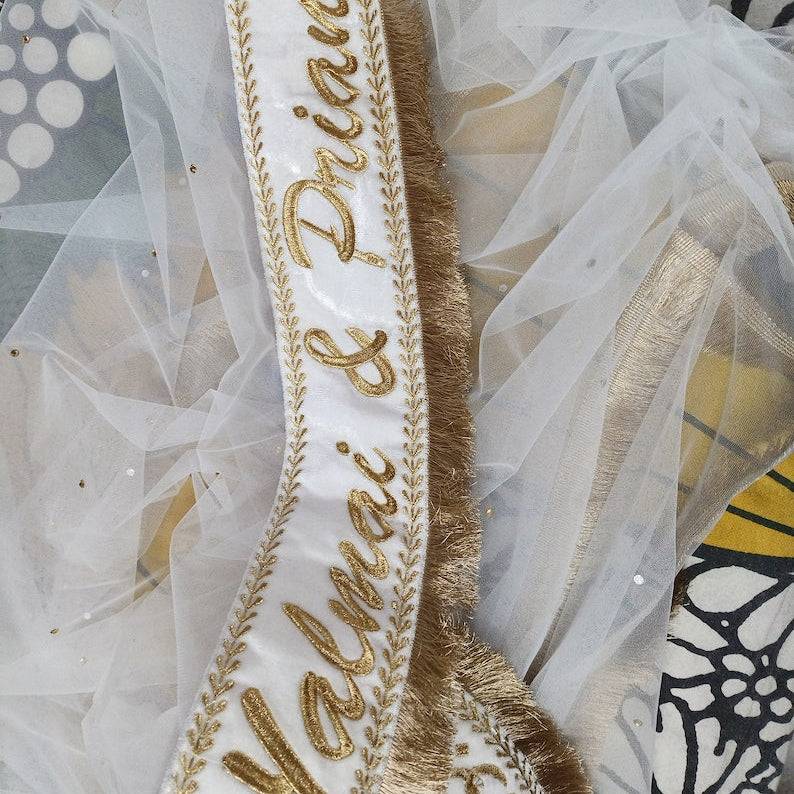 White with Rose gold writing Wedding Dupatta/veil/scarf/Arabic bridal wear/ Urdu writing/Zari writing/Qabool Hai(one side only)