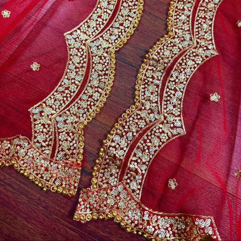 Red Color Net Dupatta with Gold Zari, Sequin and Beads | Red Color Dupatta | Sequin Red Dupatta | Indian Dupatta for Lehangas