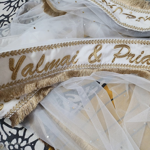 White with Rose gold writing Wedding Dupatta/veil/scarf/Arabic bridal wear/ Urdu writing/Zari writing/Qabool Hai(one side only)