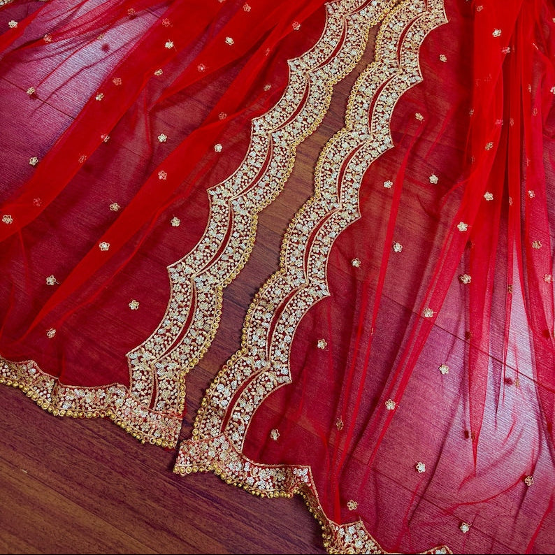 Red Color Net Dupatta with Gold Zari, Sequin and Beads | Red Color Dupatta | Sequin Red Dupatta | Indian Dupatta for Lehangas