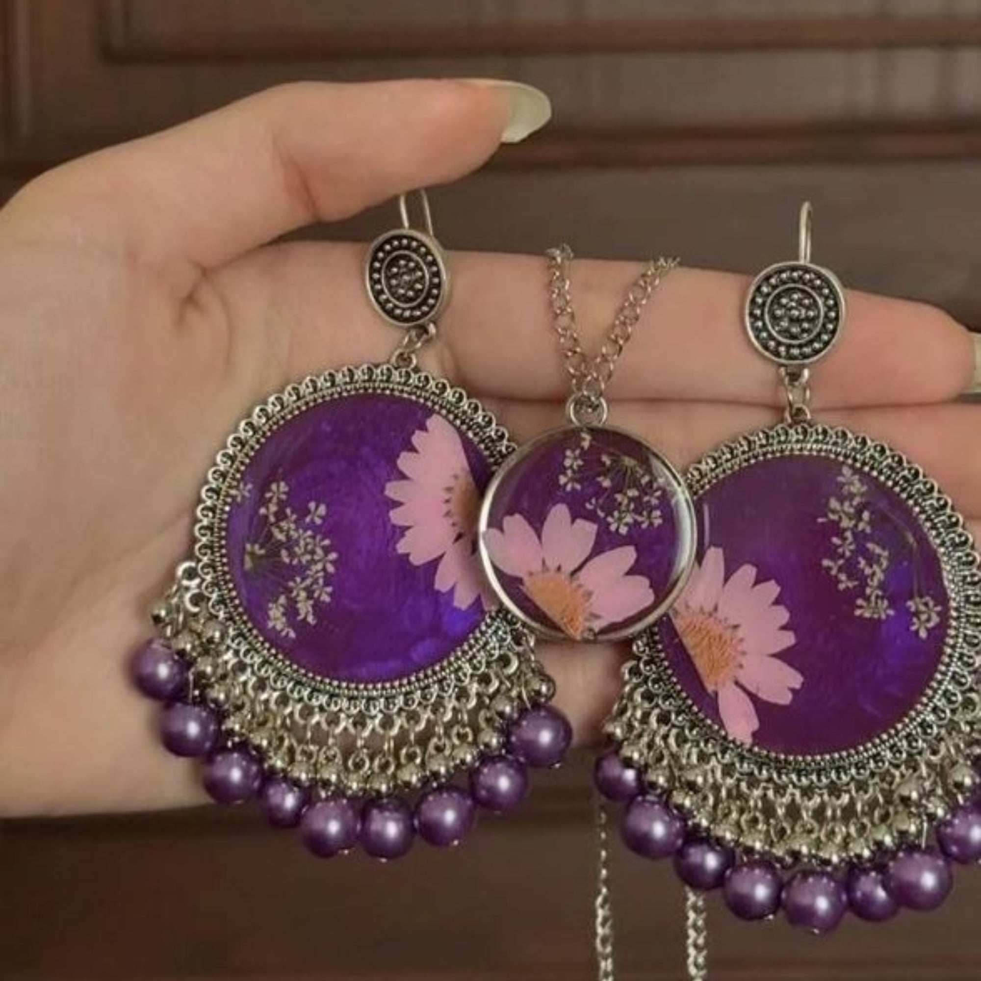 Blooming Amethyst Charm Set – Handcrafted Floral Resin Earrings