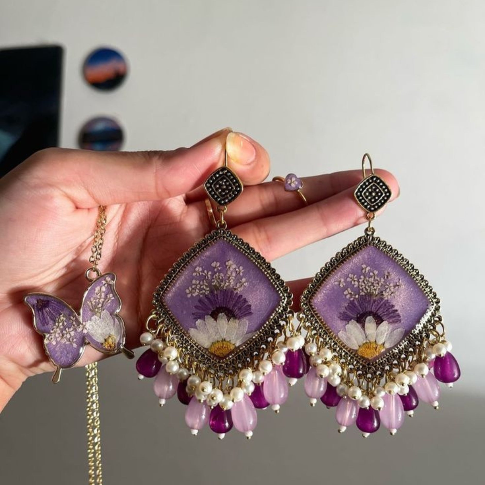 Lavender Meadow Floral Resin Jewelry Set