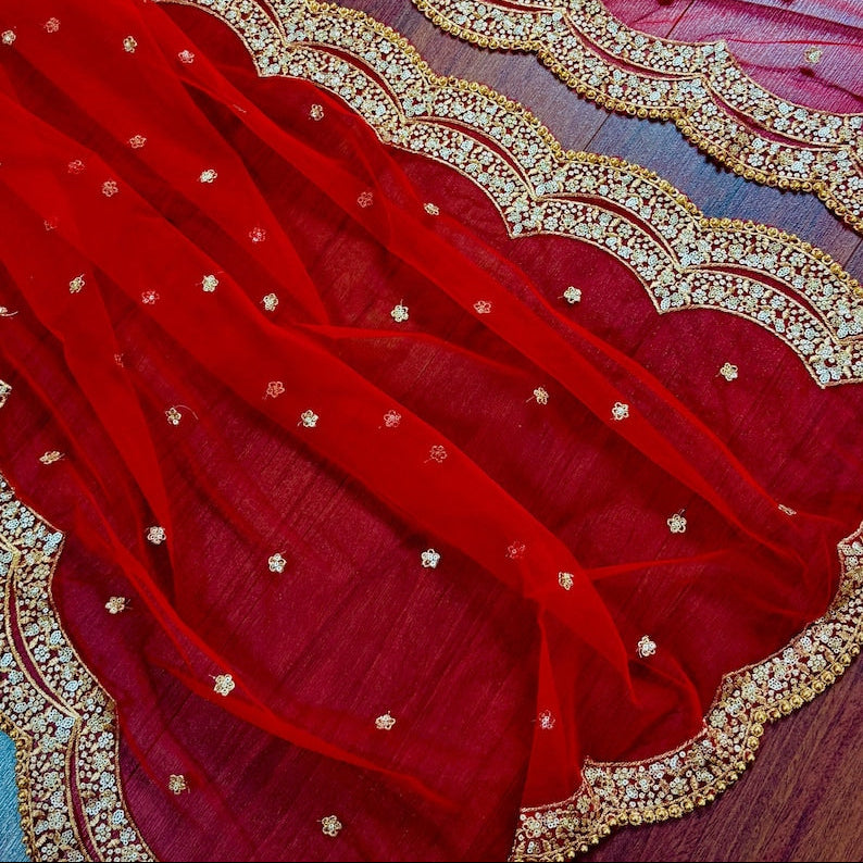 Red Color Net Dupatta with Gold Zari, Sequin and Beads | Red Color Dupatta | Sequin Red Dupatta | Indian Dupatta for Lehangas