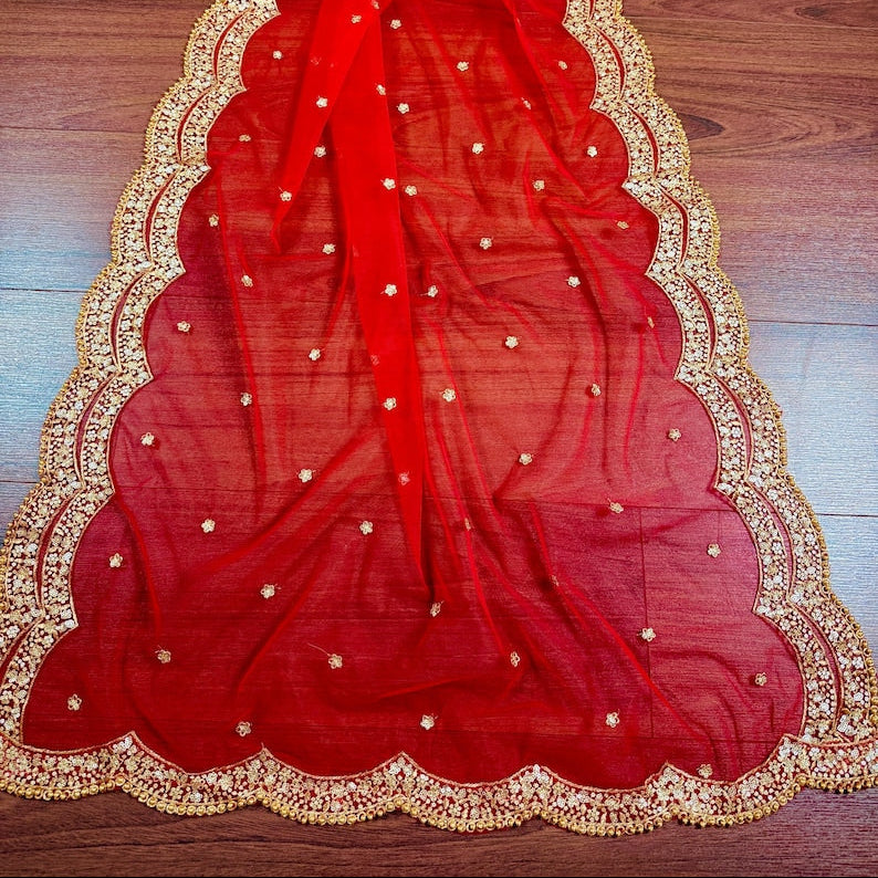 Red Color Net Dupatta with Gold Zari, Sequin and Beads | Red Color Dupatta | Sequin Red Dupatta | Indian Dupatta for Lehangas