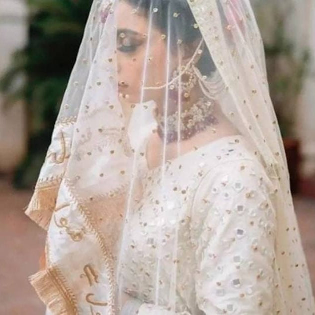 White with Rose gold writing Wedding Dupatta/veil/scarf/Arabic bridal wear/ Urdu writing/Zari writing/Qabool Hai(one side only)