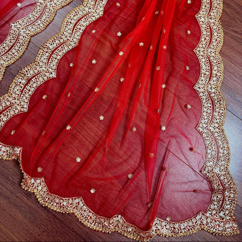 Red Color Net Dupatta with Gold Zari, Sequin and Beads | Red Color Dupatta | Sequin Red Dupatta | Indian Dupatta for Lehangas