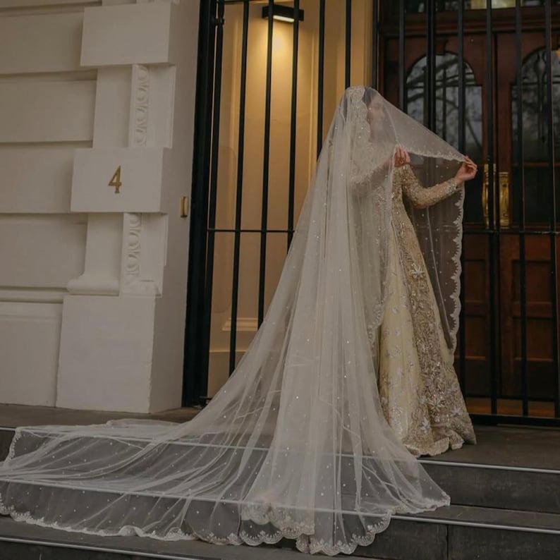 White Gold Long Trail Wedding Dupatta, bridal dupatta, scarf, veil, can be customize in any colour