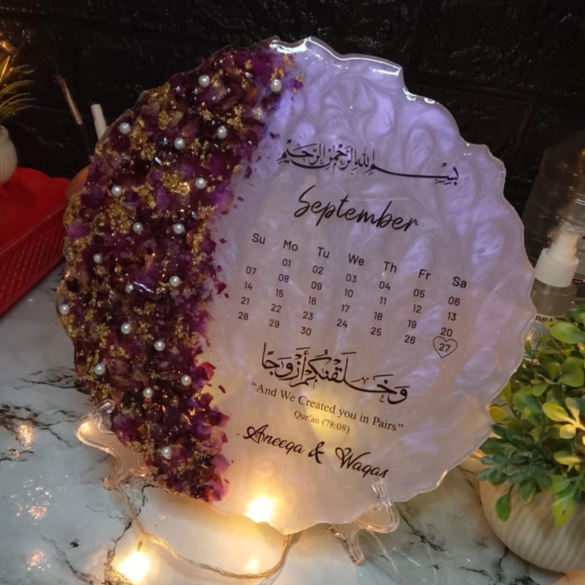 Personalized Floral Wedding Date Resin Perpetual Calendar